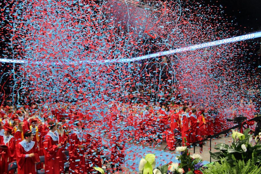 The+class+of+2019+celebrate+during+their+graduation+ceremony+with+confetti.+%0A