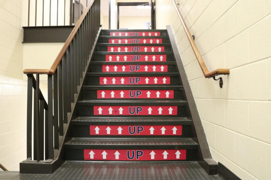 The four staircases in the high school were converted into one-way staircases to limit contact between students traveling between classes.

