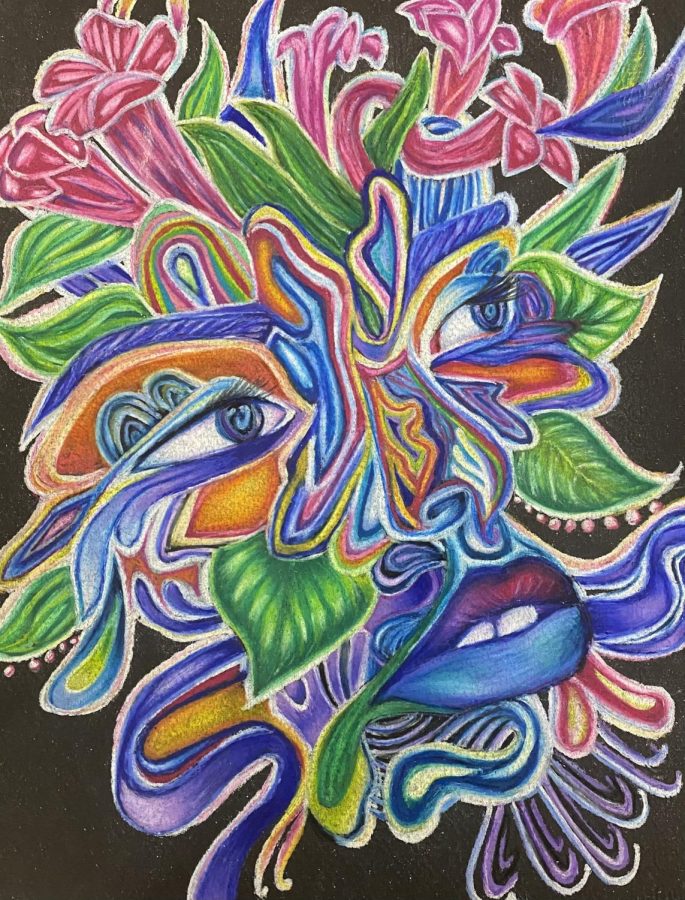 Lucid Dreaming, by Ashton Ulbrich, a surrealistic piece made using colored pencils 