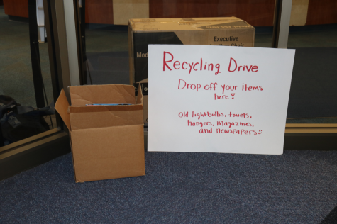 The environmental club’s collection bin outside the front office.

